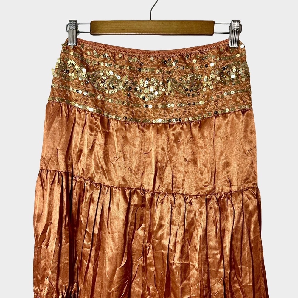 Apollo Copper Satin Sequin Midi Skirt Large Boho Festival Indie - Picture 3 of 9